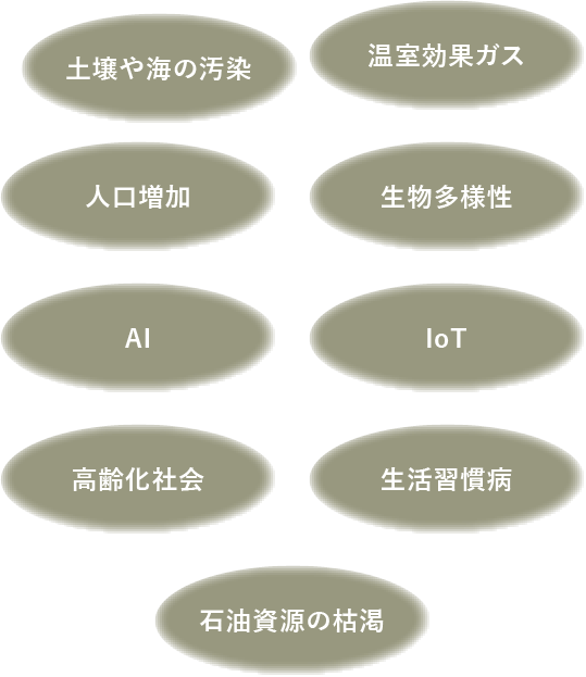 土壌や海の汚染 温室効果ガス 人口増加 生物多様性 AI IoT 高齢化社会 生活習慣病 石油資源の枯渇