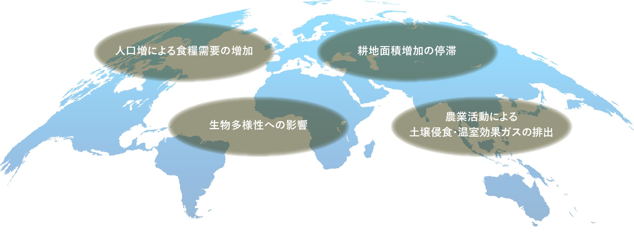 人口増による食糧需要の増加 耕地面積増加の停滞 生物多様性への影響 農業活動による土壌侵食・温室効果ガスの排出