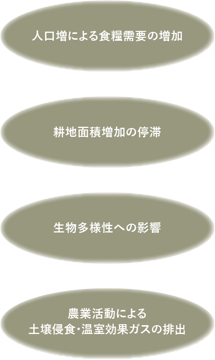 人口増による食糧需要の増加 耕地面積増加の停滞 生物多様性への影響 農業活動による土壌侵食・温室効果ガスの排出