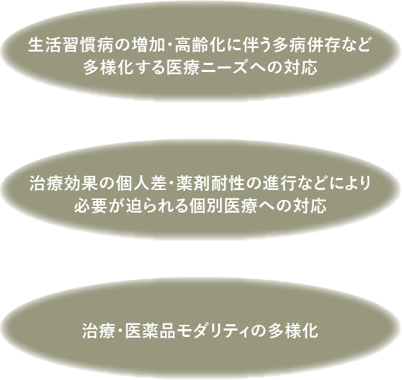 生活習慣病の増加・高齢化に伴う多病併存など多様化する医療ニーズへの対応 治療効果の個人差・薬剤耐性の進行などにより必要が迫られる個別医療への対応 治療・医薬品モダリティの多様化