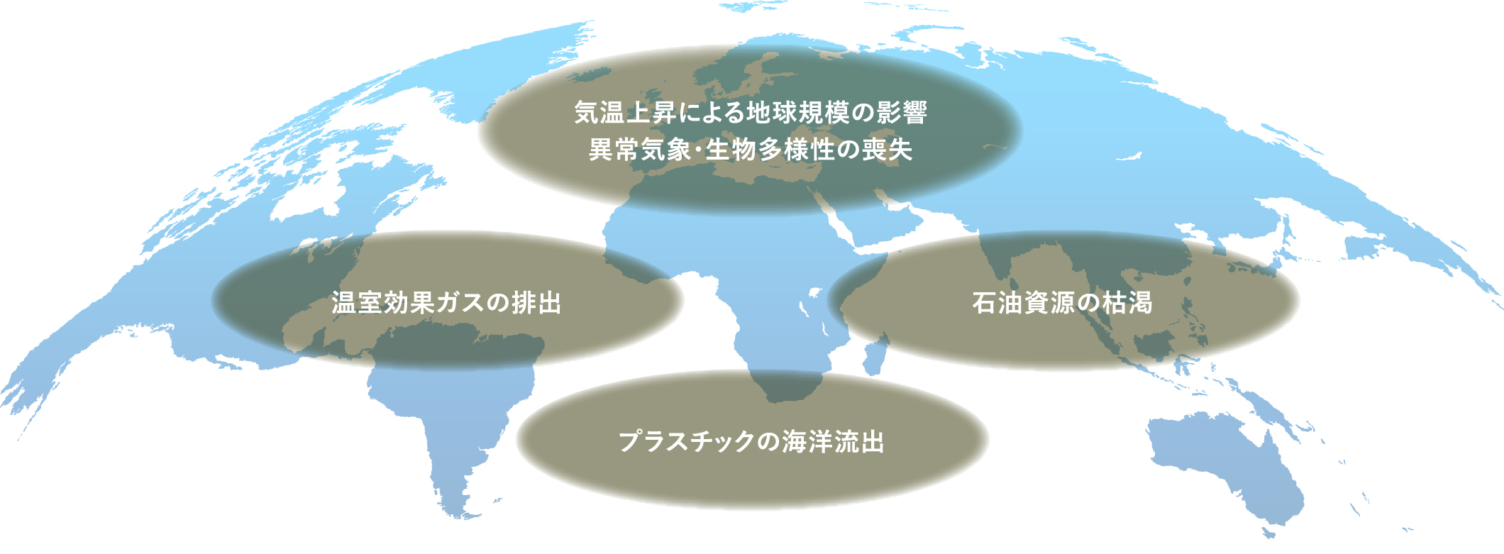 気象災害の激甚化や異常気象、生物多様性の喪失など気温上昇による地球規模の影響 温室効果ガスの排出 石油資源の枯渇 プラスチックの海洋流出