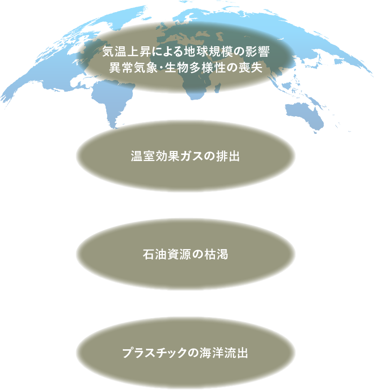 気象災害の激甚化や異常気象、生物多様性の喪失など気温上昇による地球規模の影響 温室効果ガスの排出 石油資源の枯渇 プラスチックの海洋流出